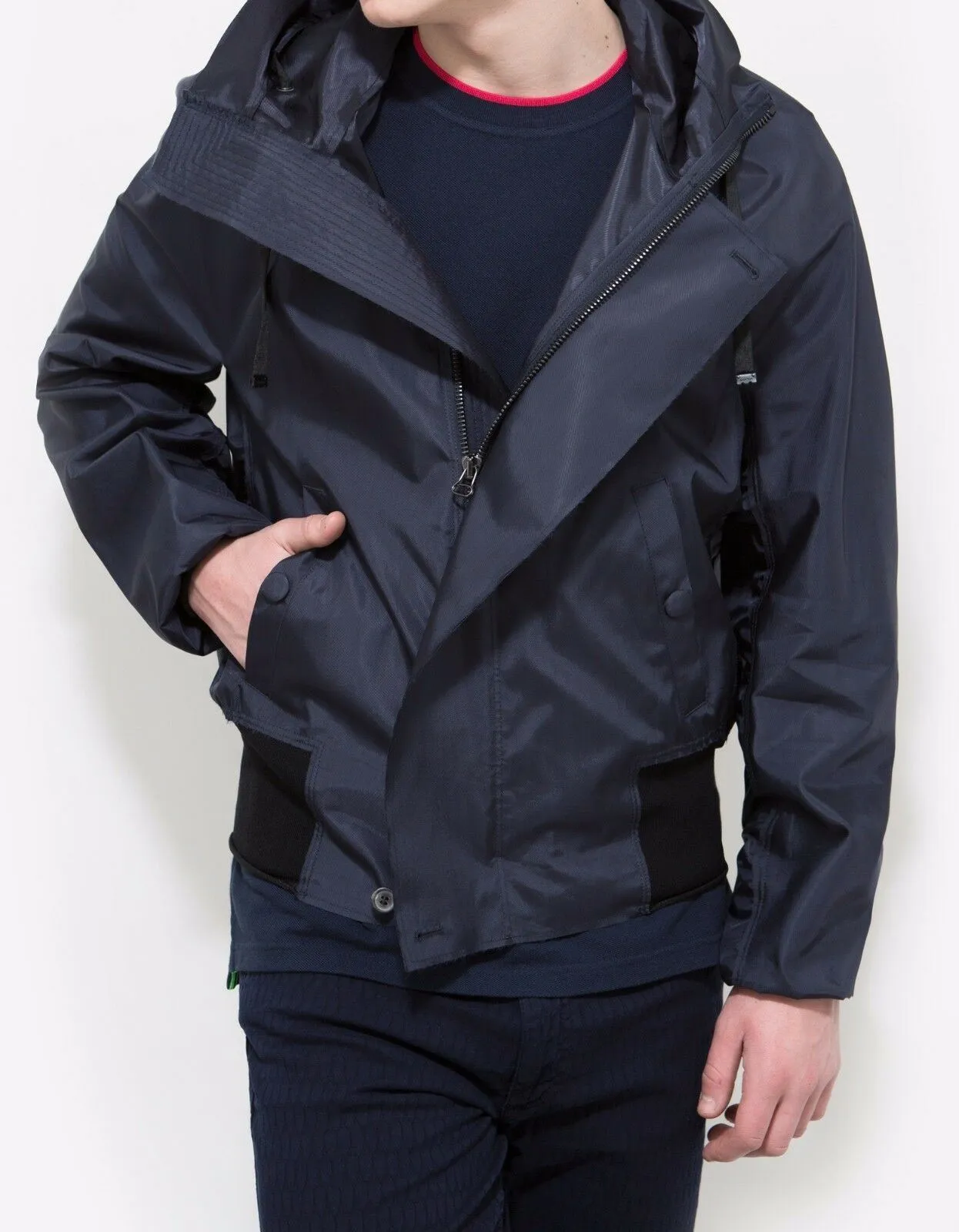 Stylish Navy Blue Viscose Hooded Blouson Jacket with Raw Edge