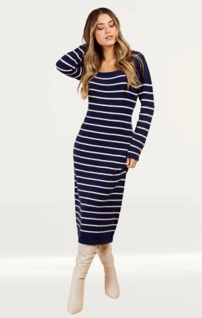 Navy Stripe Knit Midi Dress by Vogue Williams