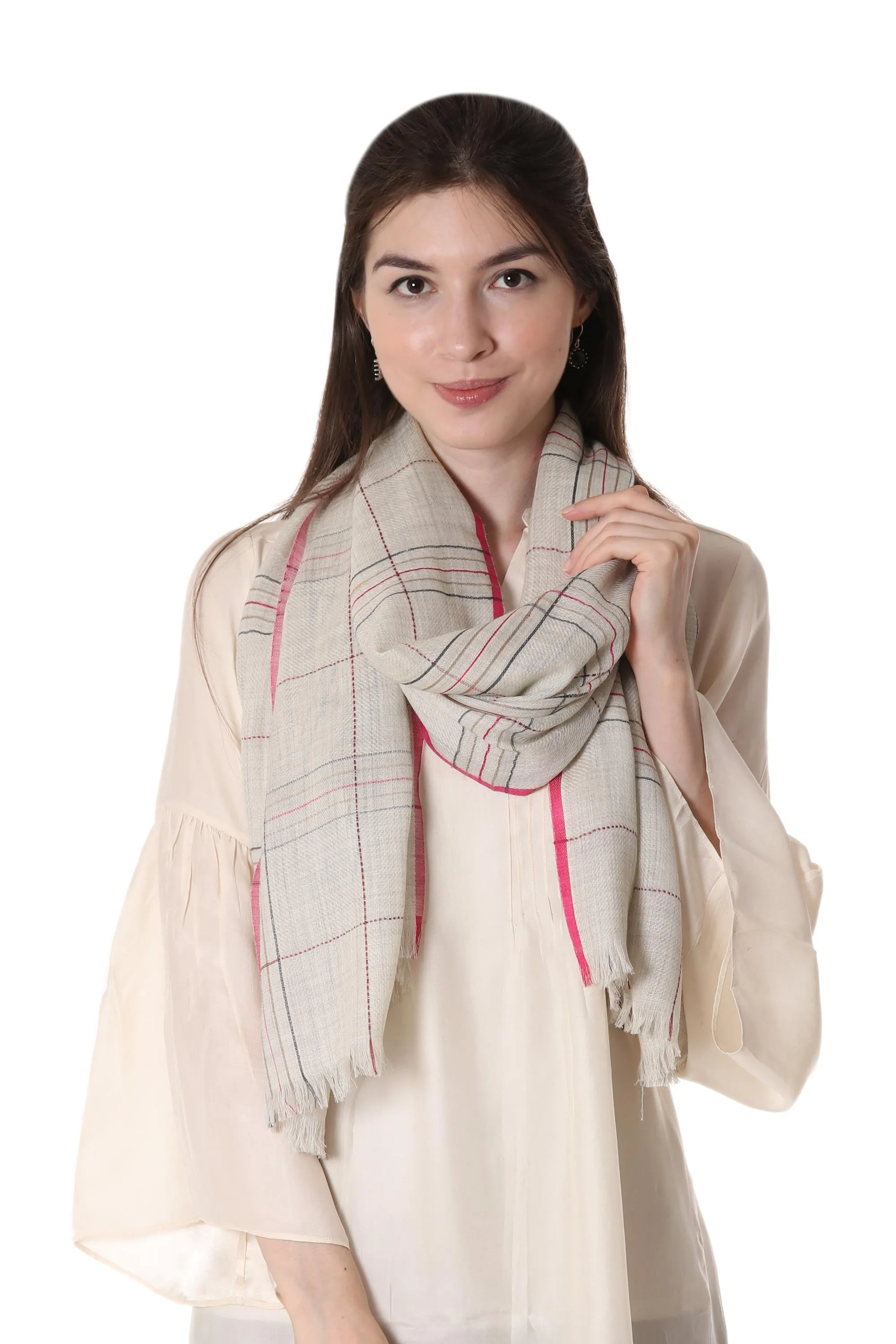 Off-White Wool Shawl with Sophisticated Pattern from India