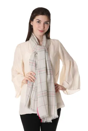 Off-White Wool Shawl with Sophisticated Pattern from India