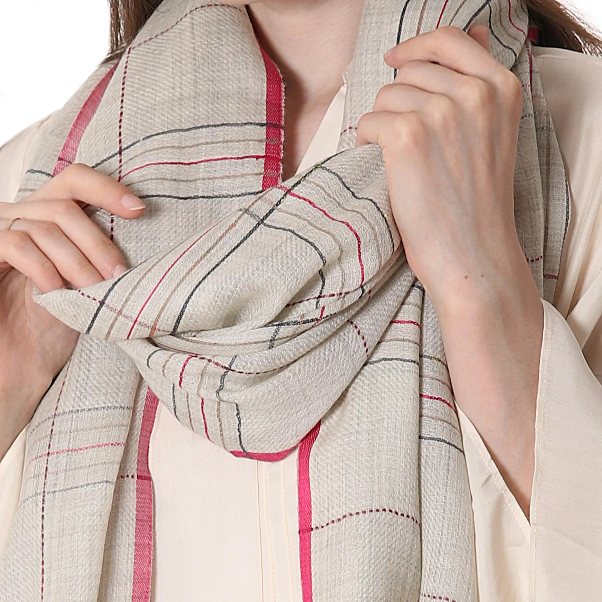 Off-White Wool Shawl with Sophisticated Pattern from India