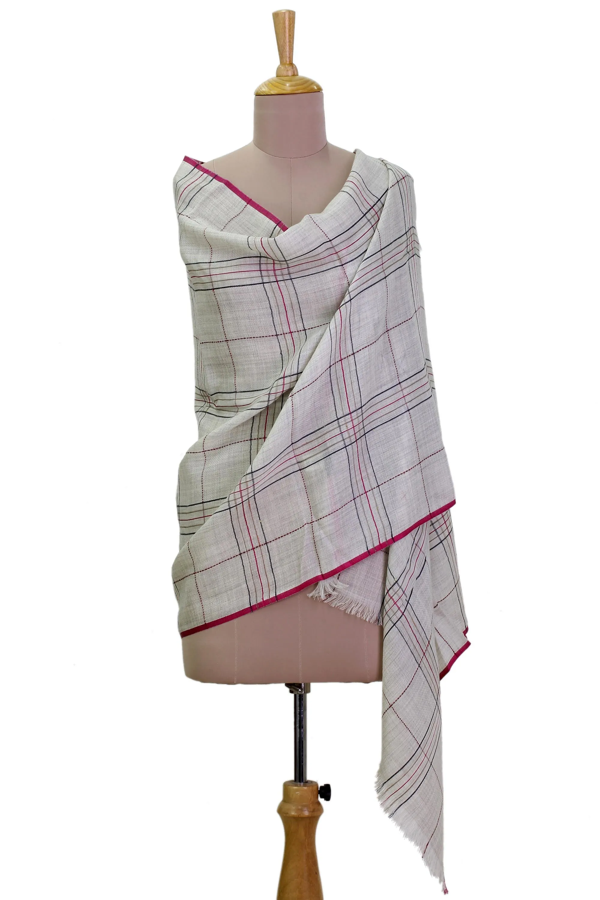 Off-White Wool Shawl with Sophisticated Pattern from India