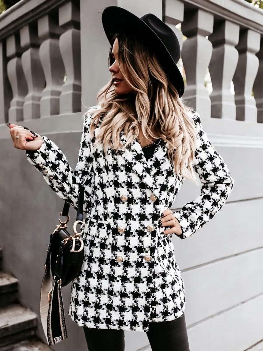 Plaid Double-Breasted Coat with Padded Shoulders for Fall and Winter