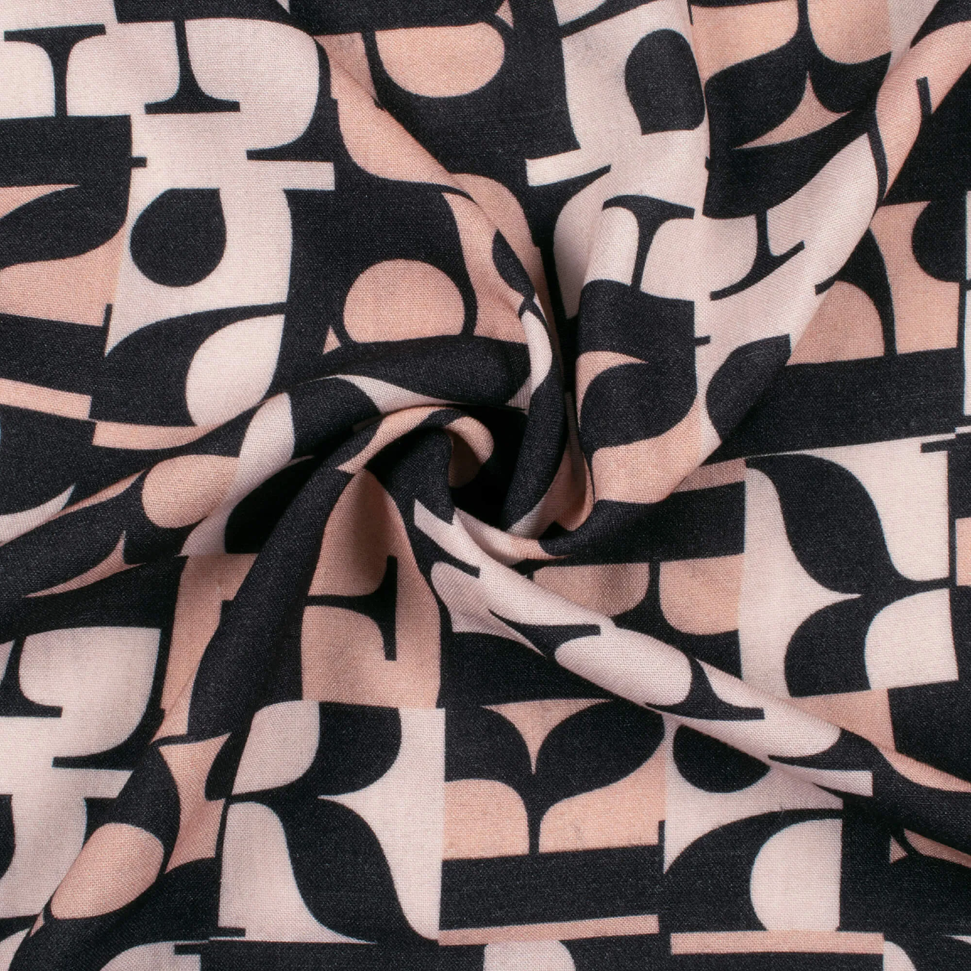 Quirky Pattern Black & Peach Digital Print Viscose Rayon Fabric - 58 Inches Width