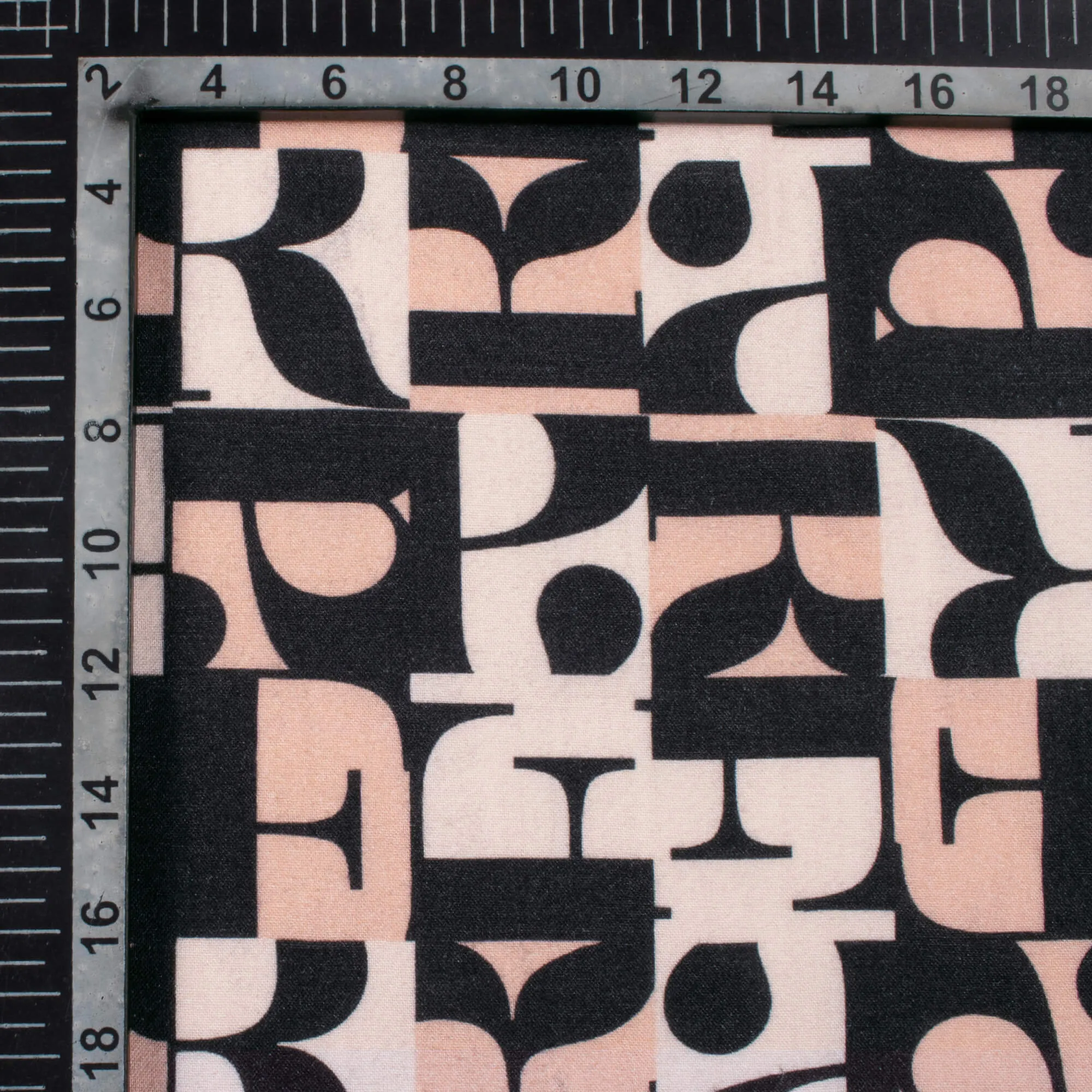 Quirky Pattern Black & Peach Digital Print Viscose Rayon Fabric - 58 Inches Width