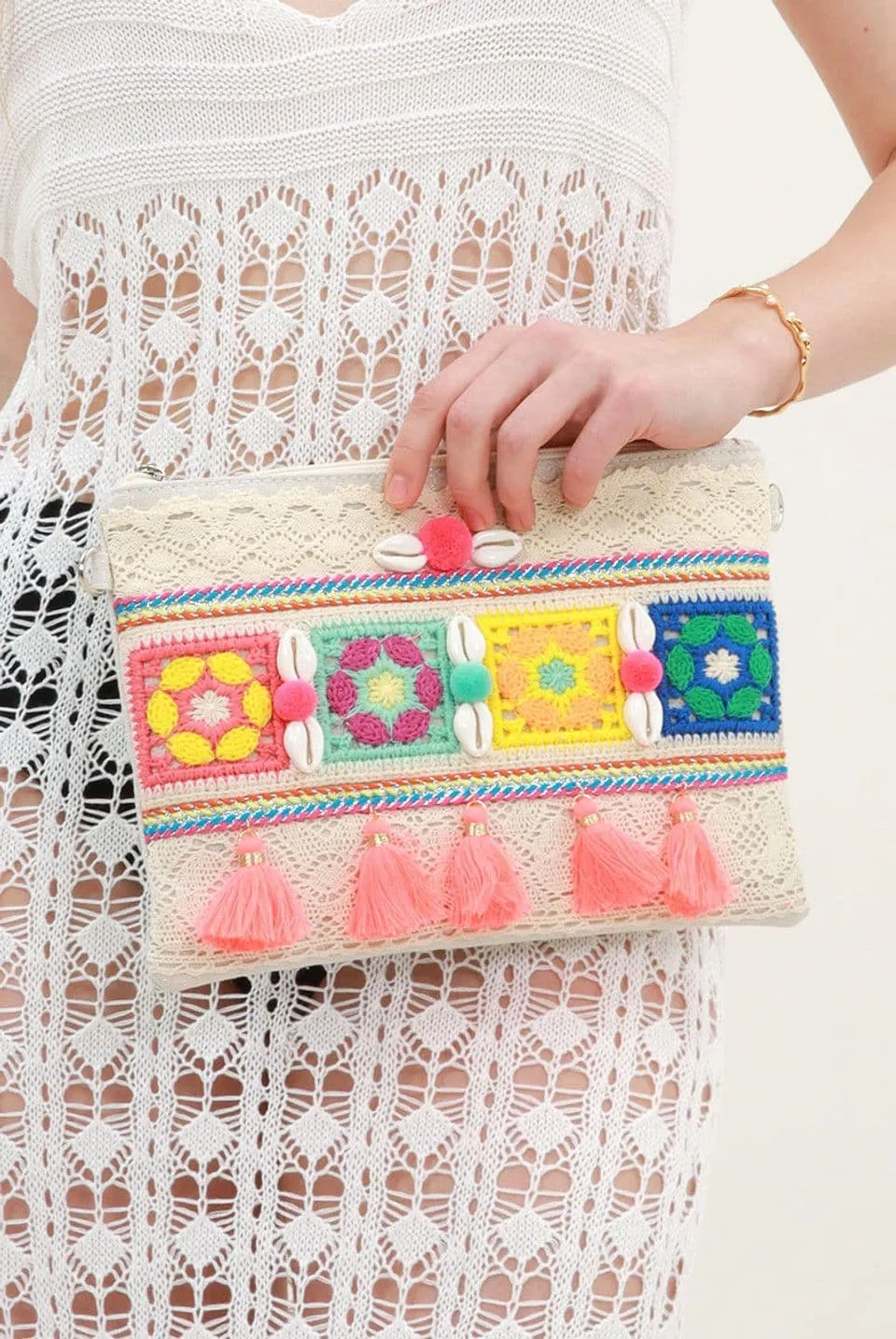 Multicoloured Boho Clutch Bag with Shell and Tassel Detail