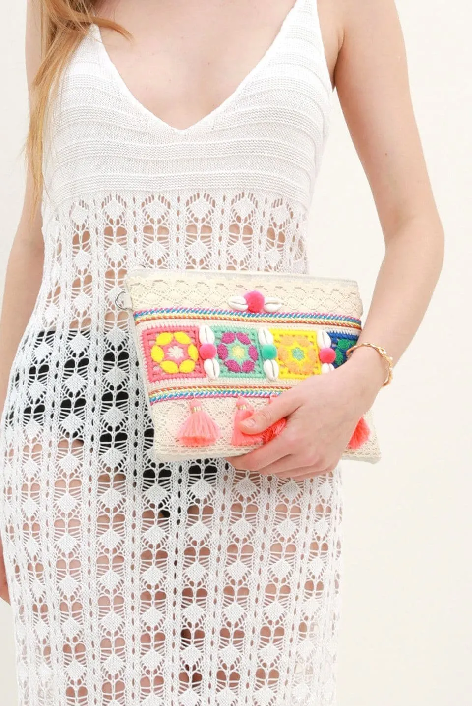 Multicoloured Boho Clutch Bag with Shell and Tassel Detail