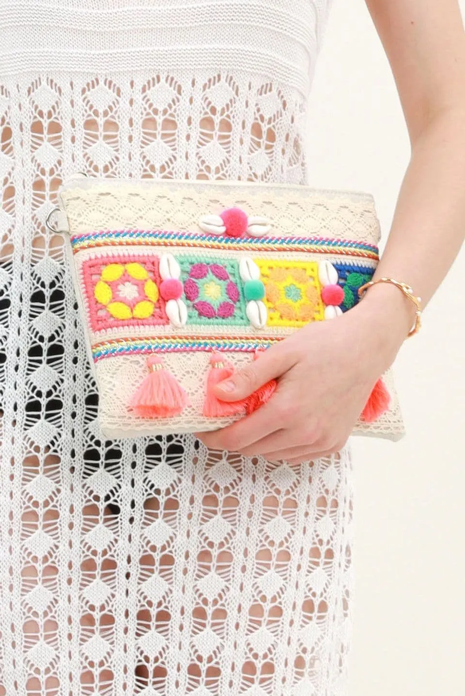 Multicoloured Boho Clutch Bag with Shell and Tassel Detail