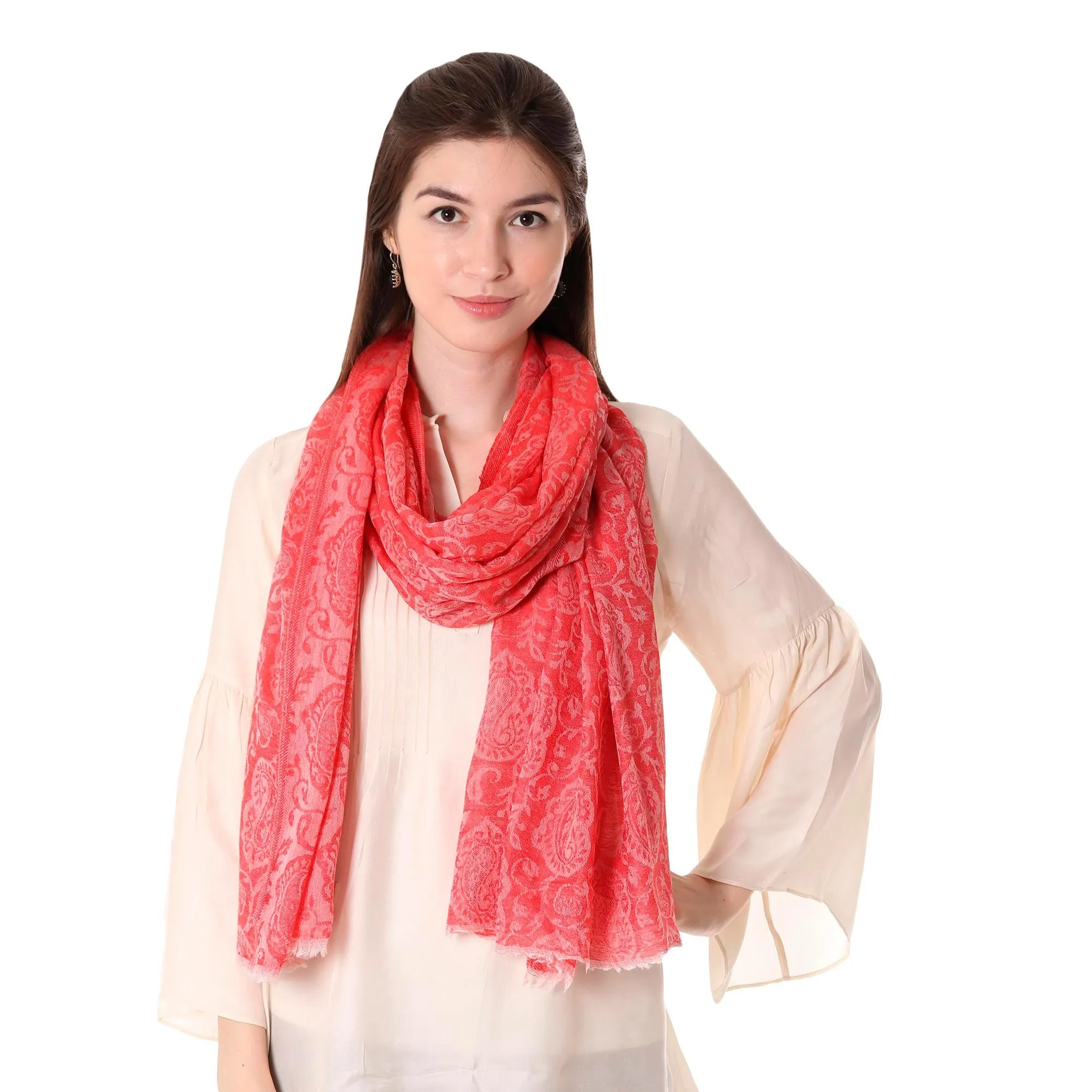 Strawberry Paisley Indian Wool Shawl | Woven with Paisley Motifs