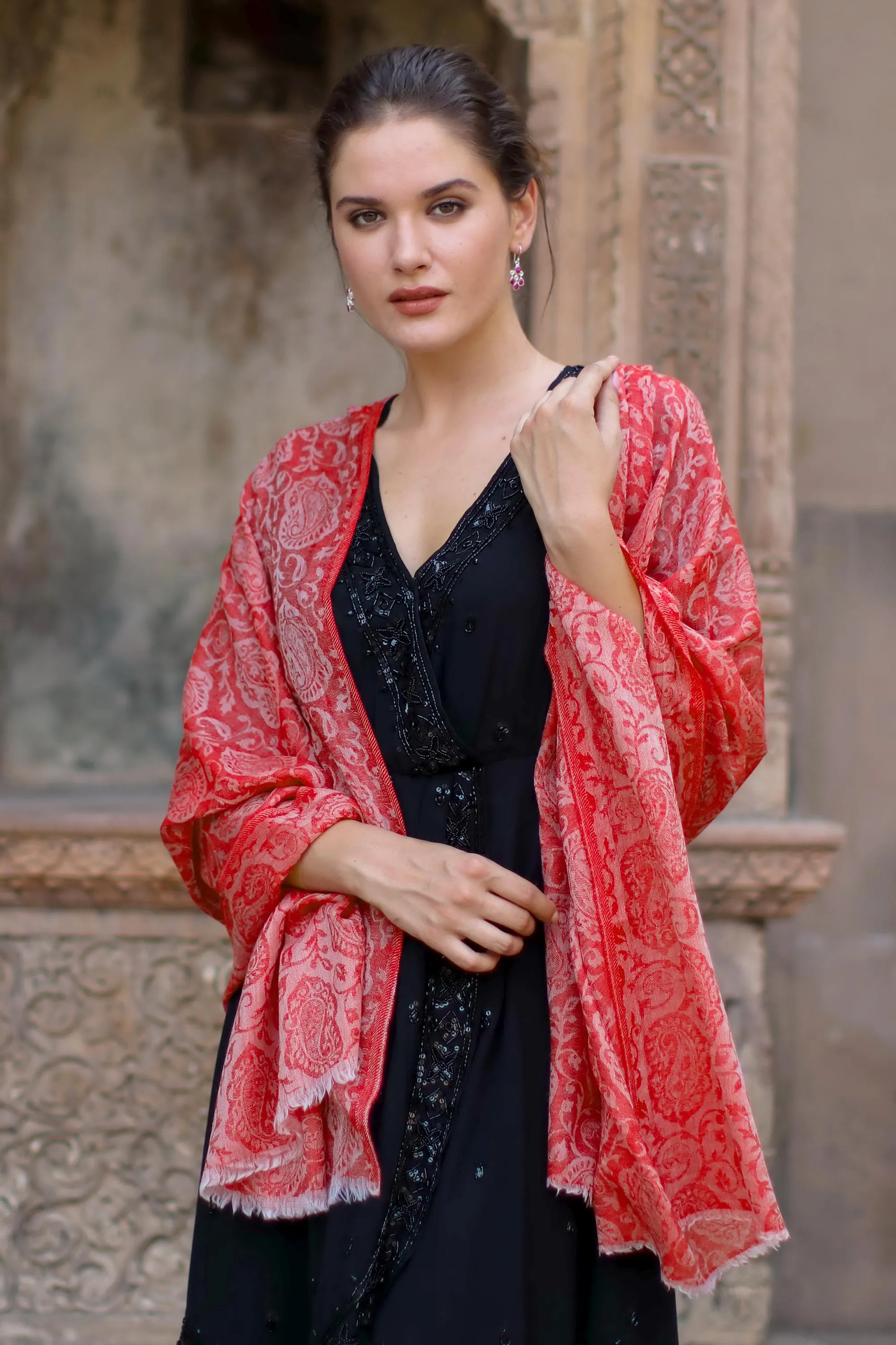 Strawberry Paisley Indian Wool Shawl | Woven with Paisley Motifs