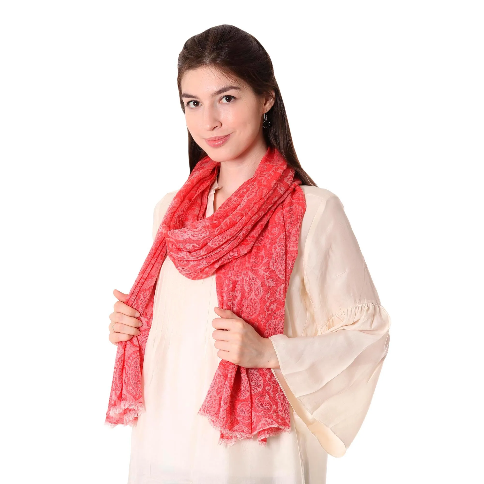 Strawberry Paisley Indian Wool Shawl | Woven with Paisley Motifs