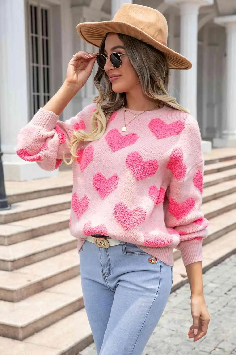 Sweet Heart Pattern Sweater - Round Neck, Dropped Shoulder