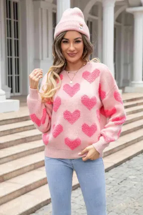 Sweet Heart Pattern Sweater - Round Neck, Dropped Shoulder