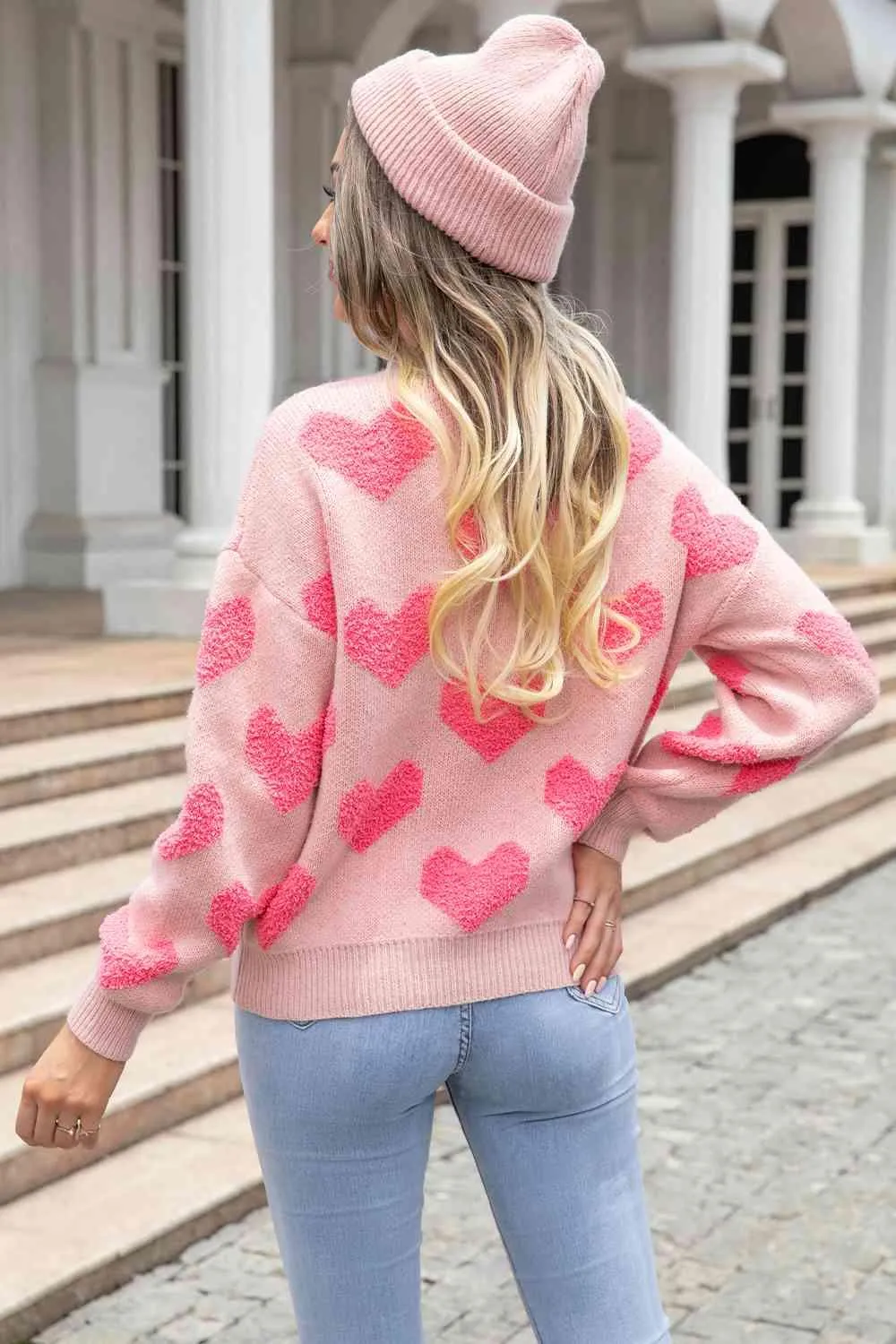 Sweet Heart Pattern Sweater - Round Neck, Dropped Shoulder