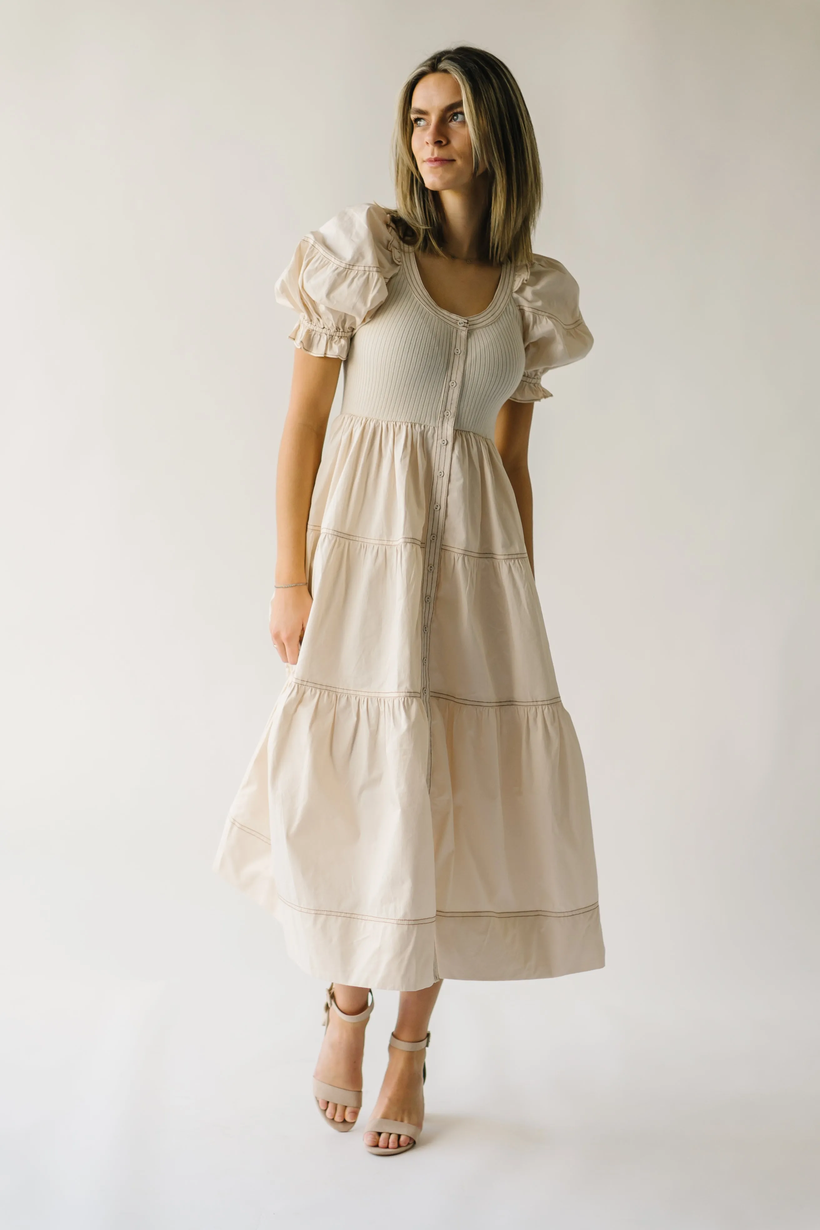 Kora Tiered Ruffle Midi Dress in Natural