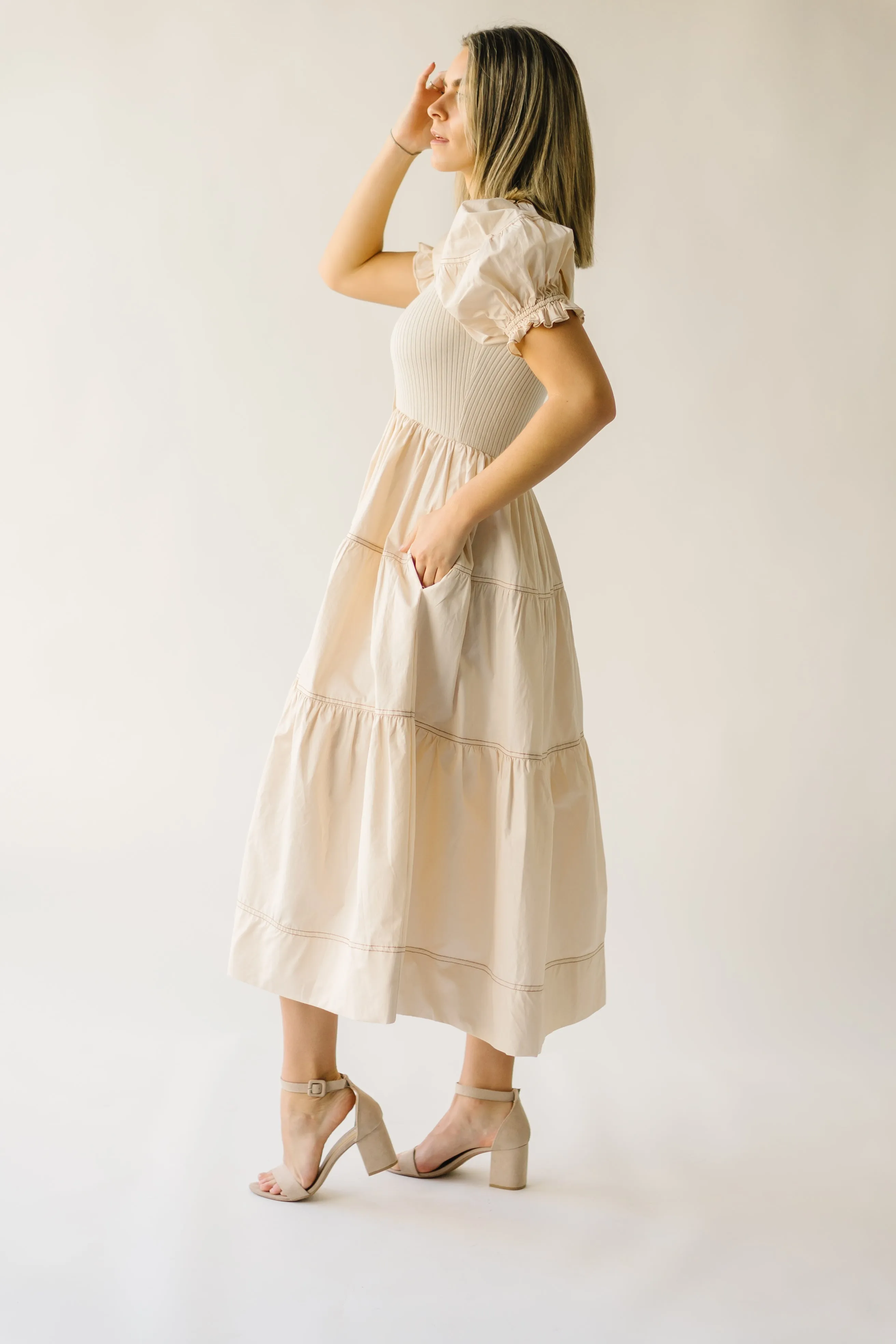 Kora Tiered Ruffle Midi Dress in Natural