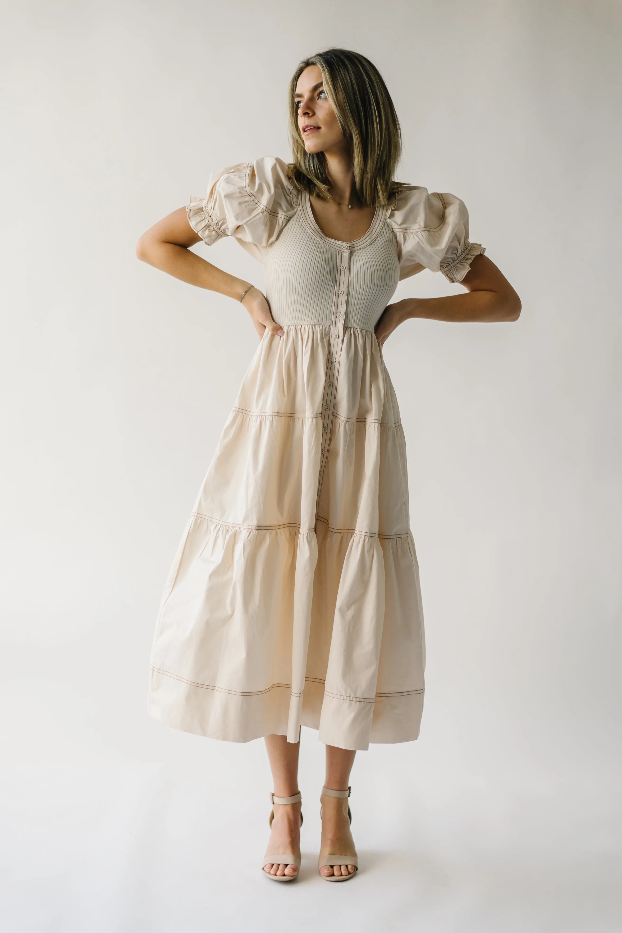 Kora Tiered Ruffle Midi Dress in Natural