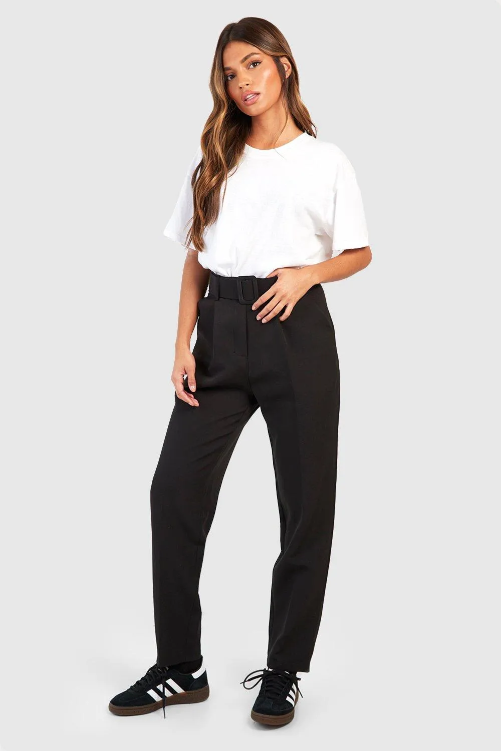 Slim Fit Trousers with Self Fabric Belt from boohoo