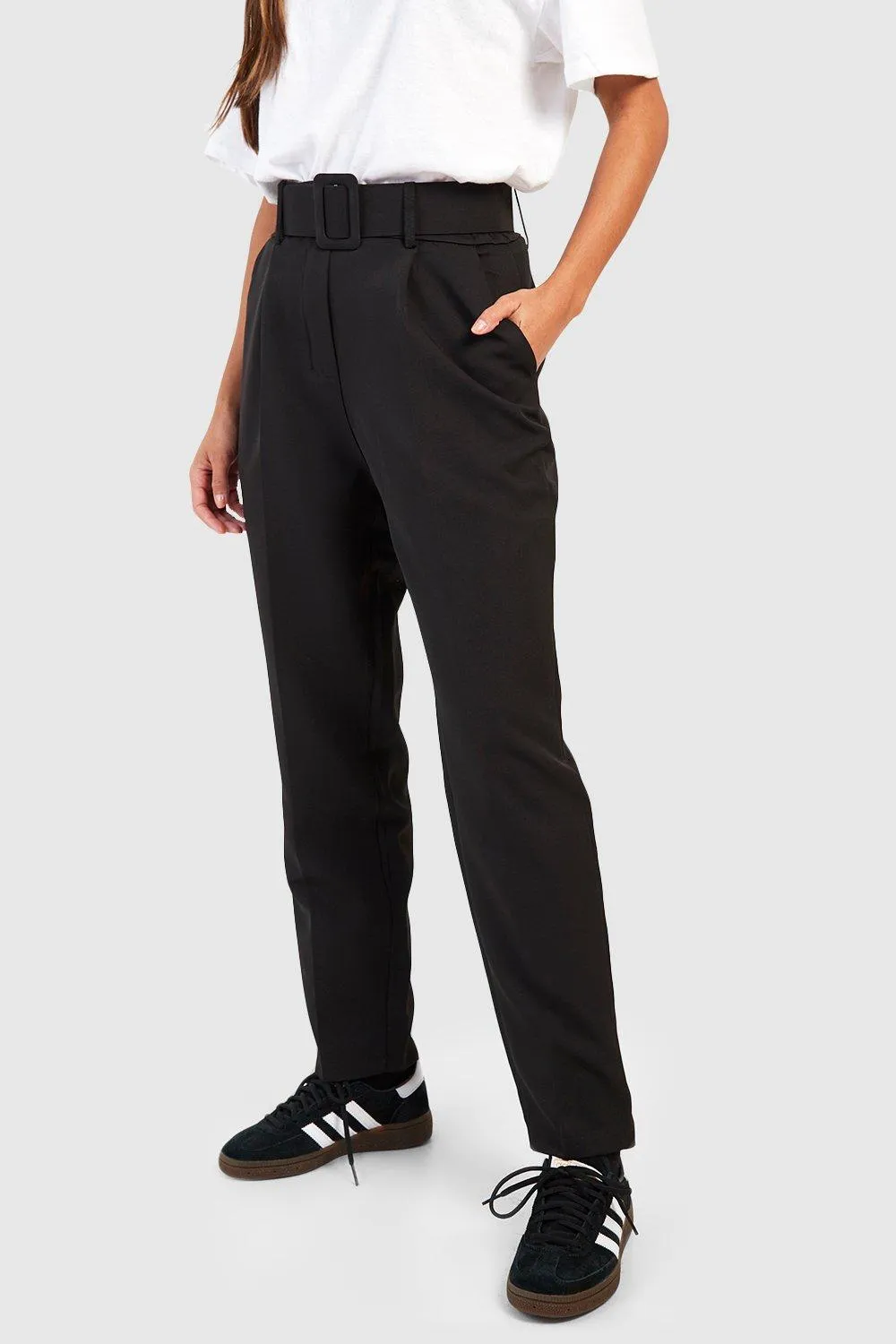 Slim Fit Trousers with Self Fabric Belt from boohoo