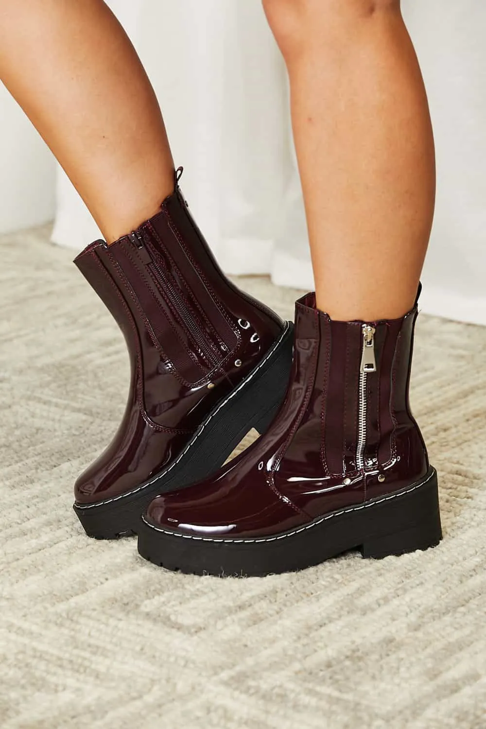 Wine Side Zip Platform Boots