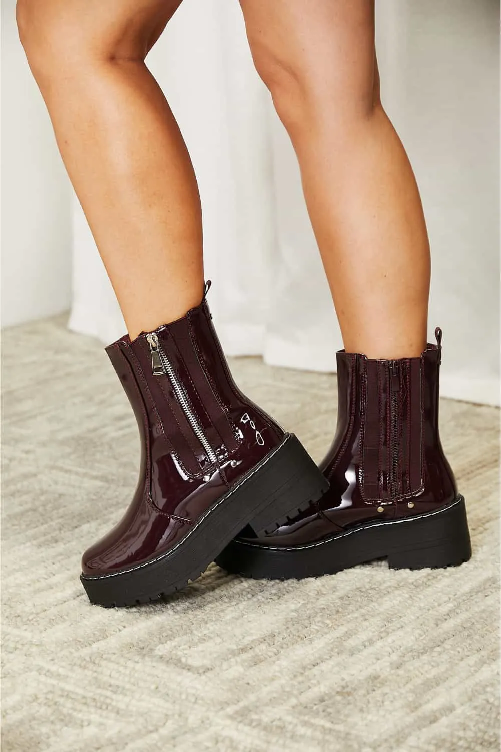 Wine Side Zip Platform Boots