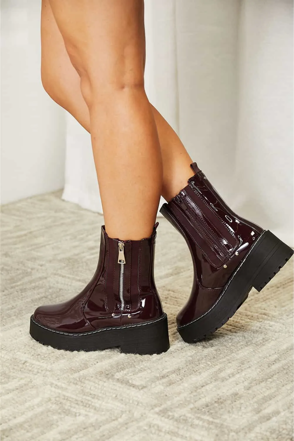 Wine Side Zip Platform Boots