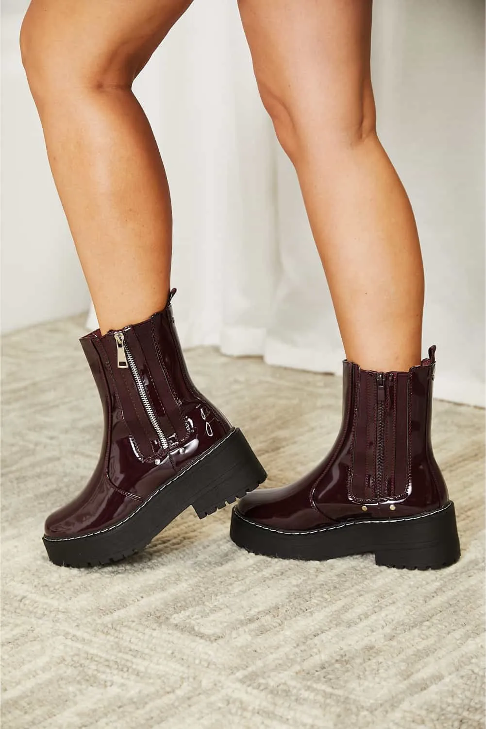 Wine Side Zip Platform Boots