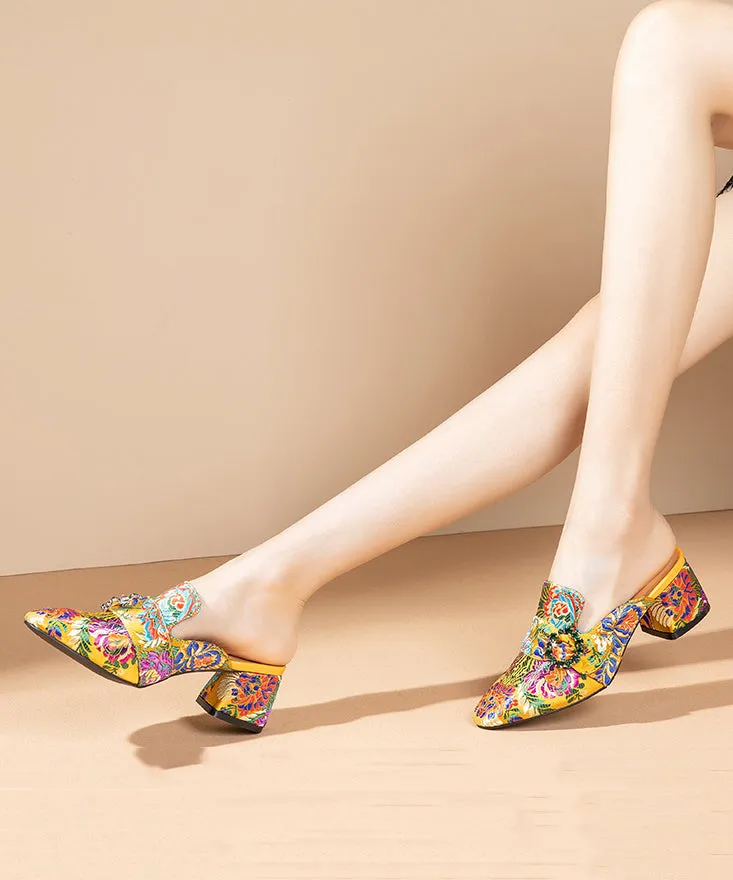 Yellow Embroidered Zircon Satin Chunky Sandals for Women