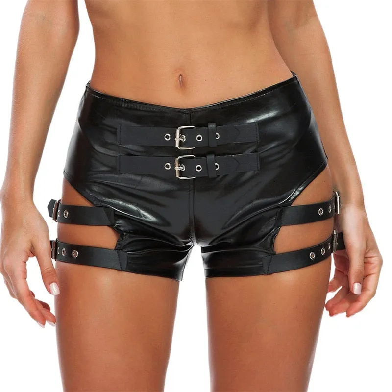 Women's Black Riveted Buckle Belted Nightclub Pole Dance Shorts