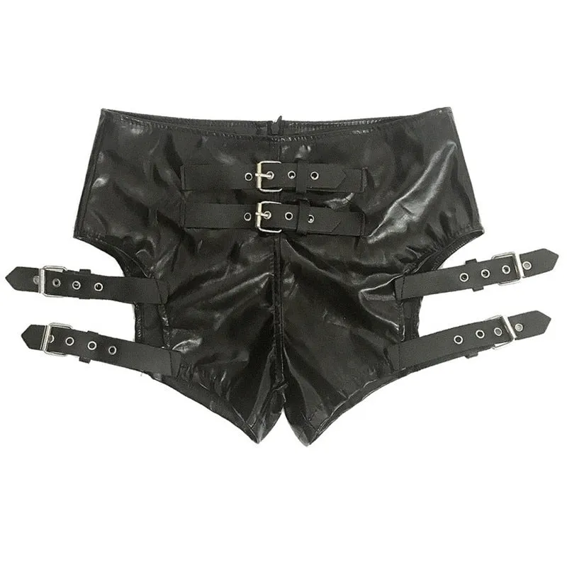 Women's Black Riveted Buckle Belted Nightclub Pole Dance Shorts