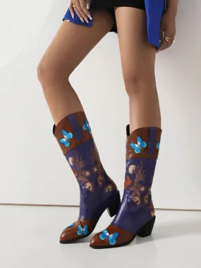 Women's Embroidered PU Leather Mid Calf Cowboy Boots with Pointed Toe