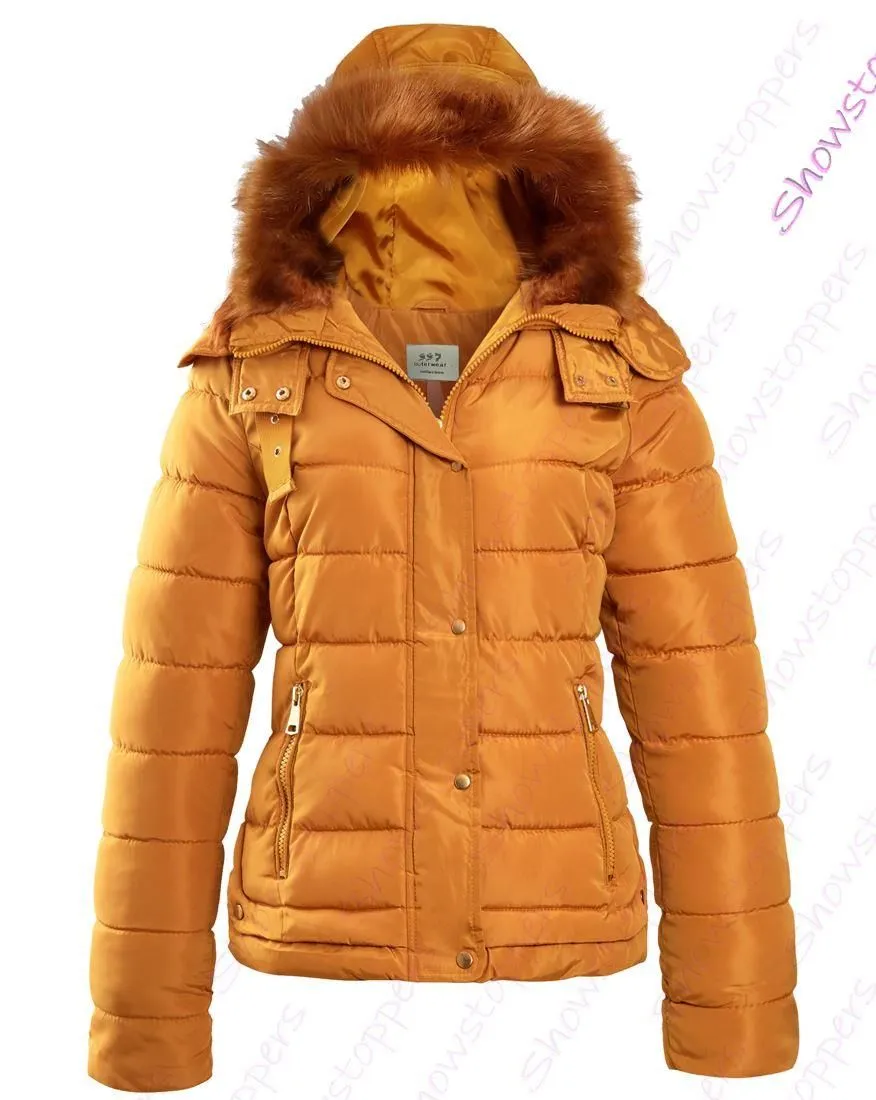 Womens Mustard Faux Fur Padded Parka Coat Size 8 10 12 14 16