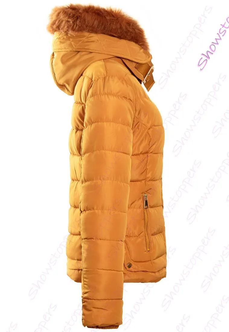 Womens Mustard Faux Fur Padded Parka Coat Size 8 10 12 14 16