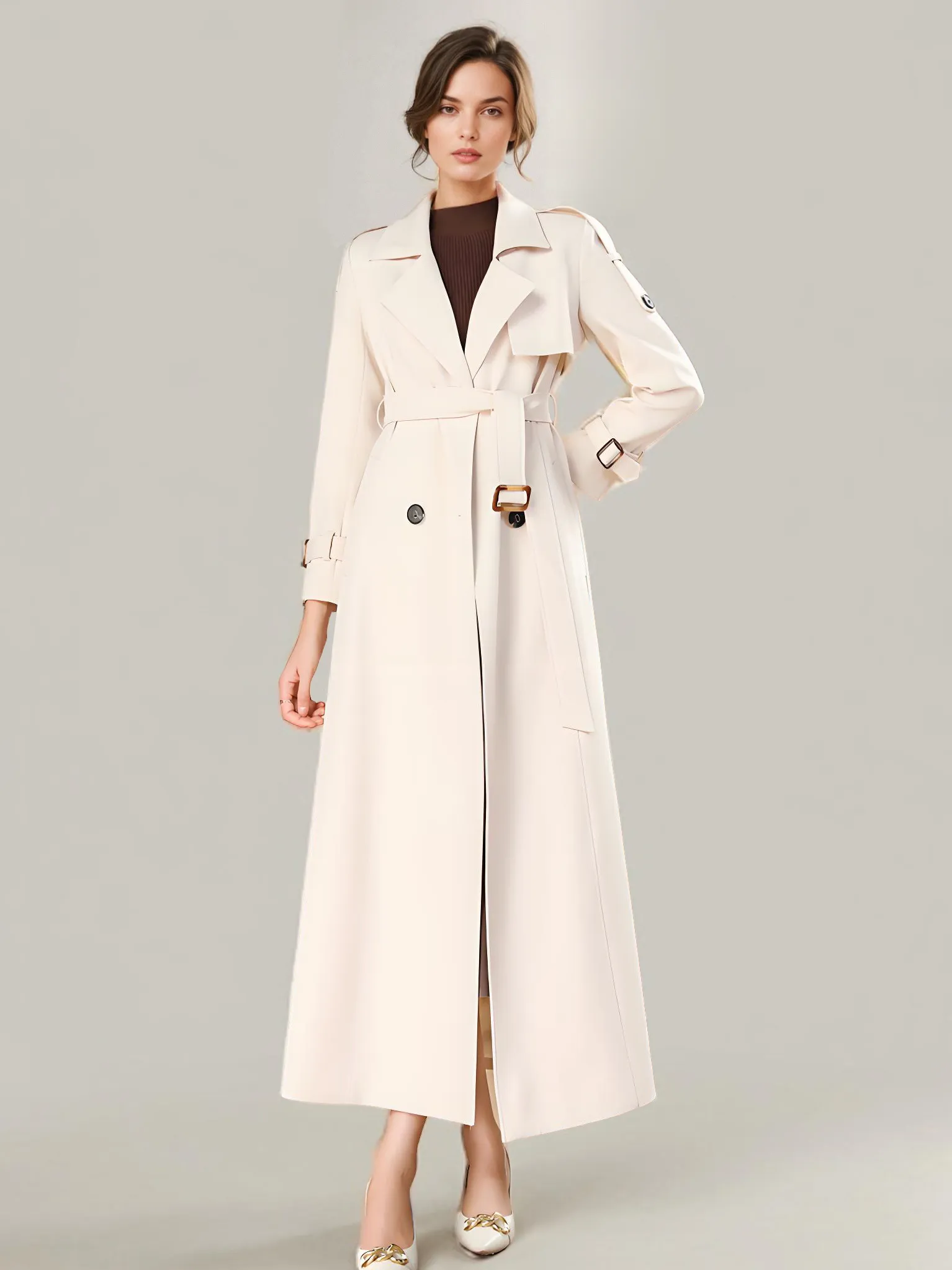 Women's Stylish Trench Coat with Turndown Collar, Button Closure, and Full Length