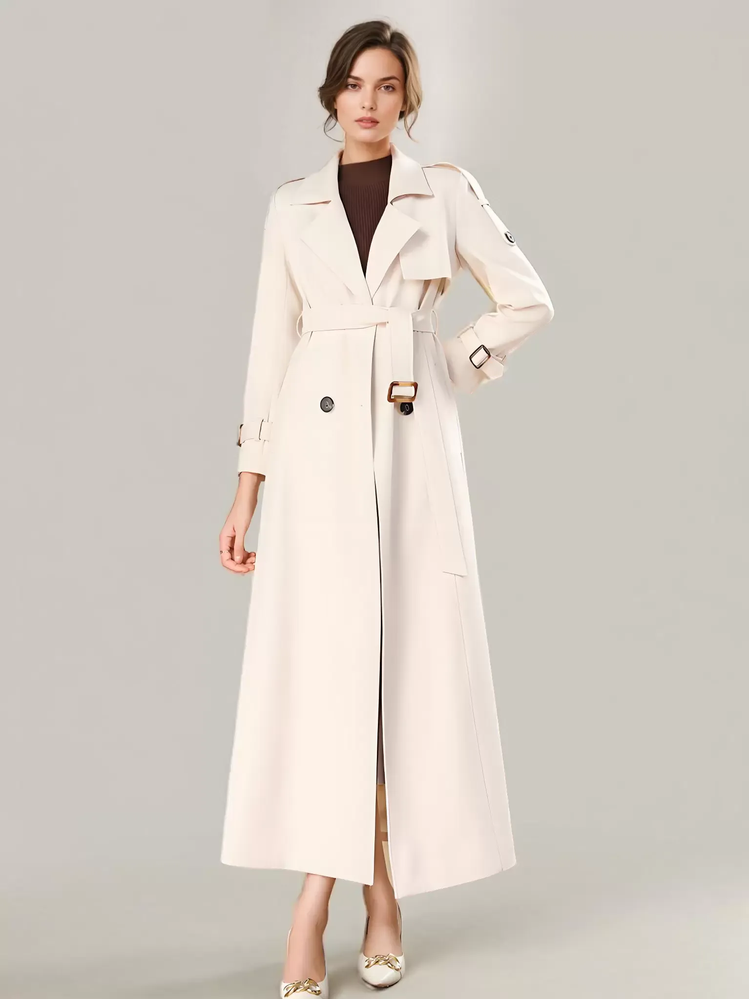 Women's Stylish Trench Coat with Turndown Collar, Button Closure, and Full Length