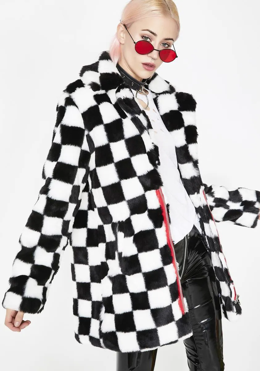 Youth Checkered Faux Fur Coat