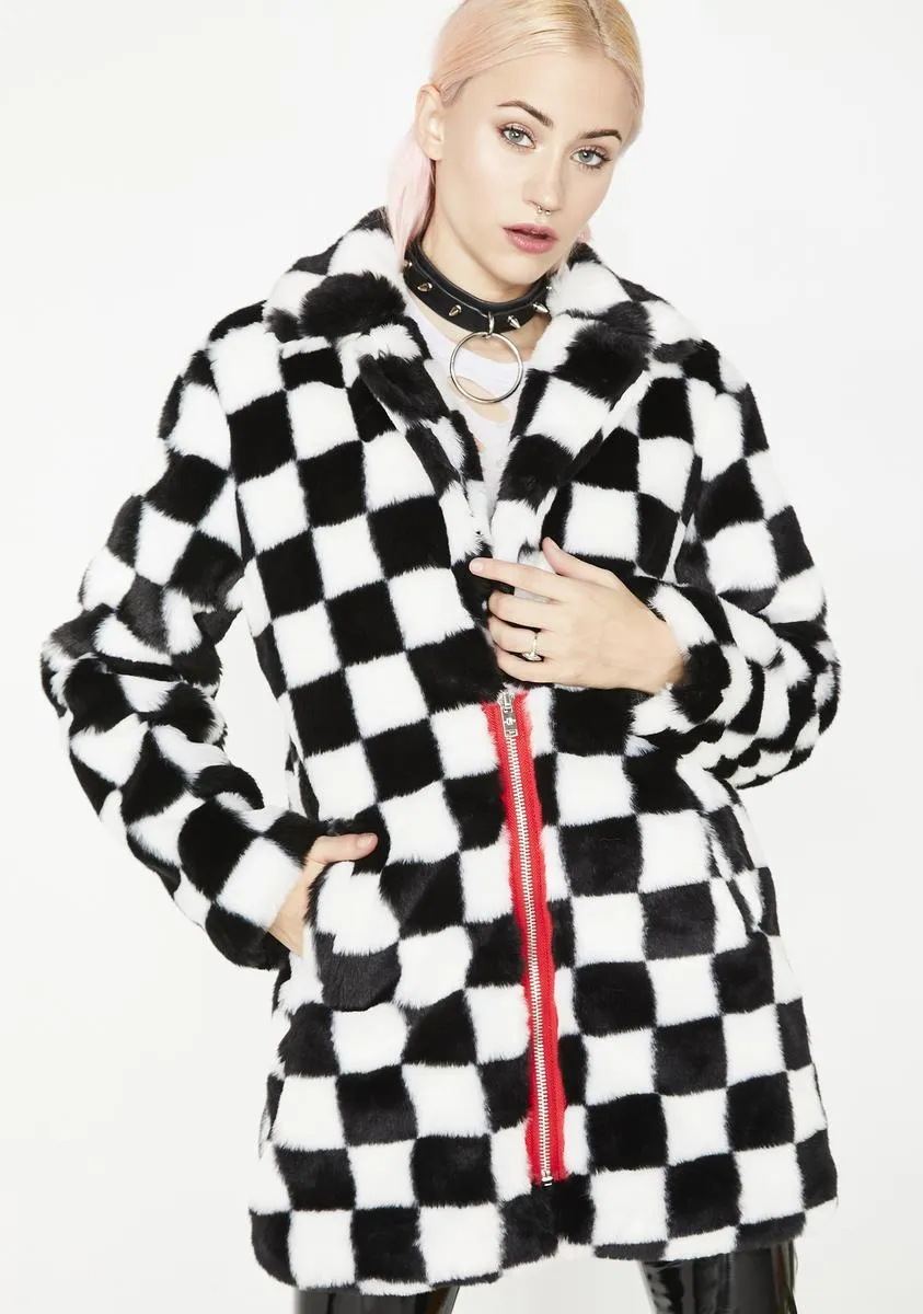 Youth Checkered Faux Fur Coat